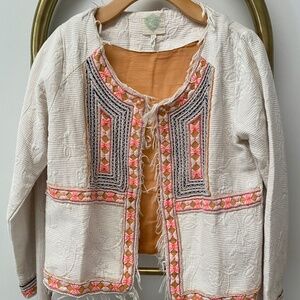 Z & L Womens Multicolor Boho Gipsy Embroidered Fringe Trim Cotton Jacket Sz M